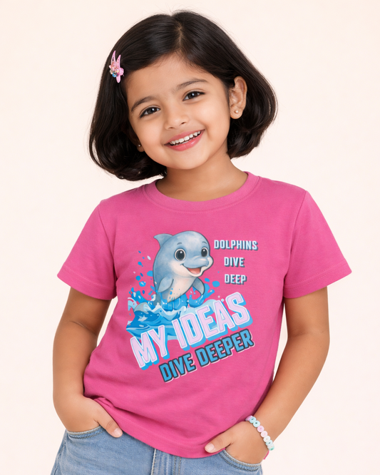 Kukoos Cute Dolphin Printed T-Shirt for Girls Pink Front