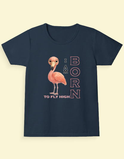 Kukoos Adorable Flamingo Printed T-Shirt for Girls Navy Blue Front
