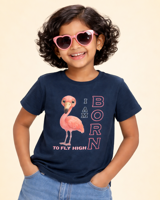 Kukoos Adorable Flamingo Printed T-Shirt for Girls Navy Blue Front