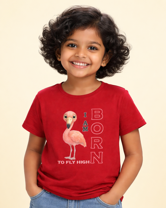 Kukoos Adorable Flamingo Printed T-Shirt for Girls Red Front