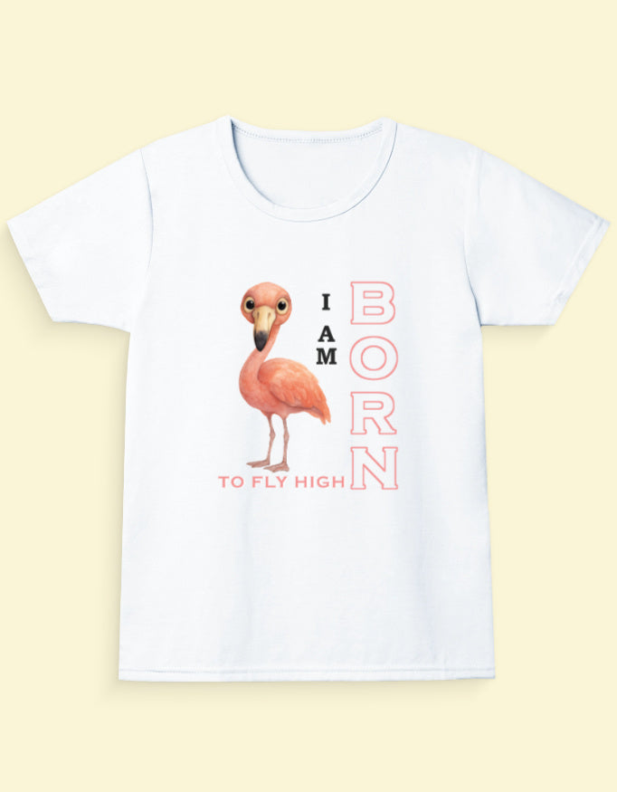 Kukoos Adorable Flamingo Printed T-Shirt for Girls White Front