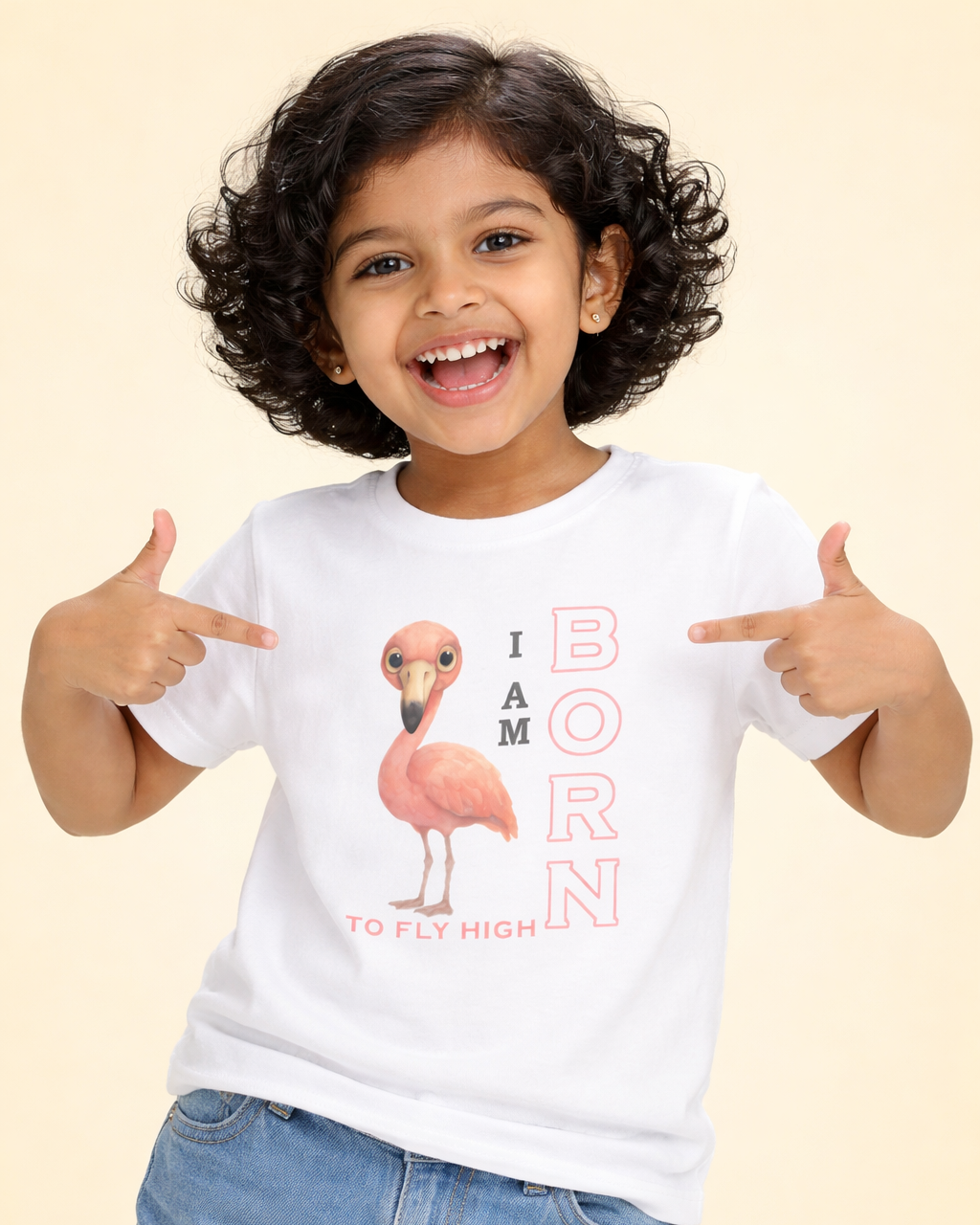 Kukoos Adorable Flamingo Printed T-Shirt for Girls White Front