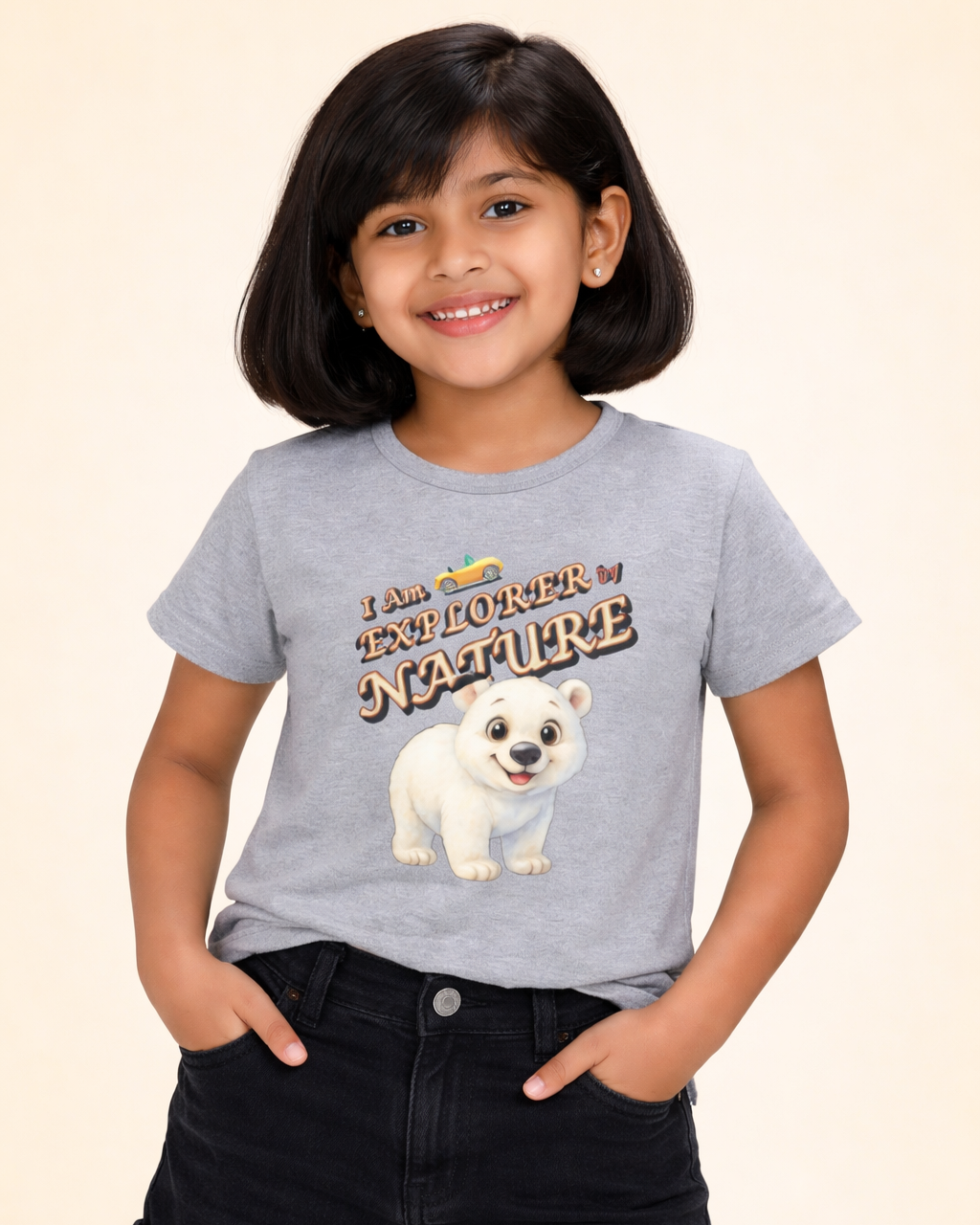 Kukoos Adorable Polar Bear Printed T-Shirt for Girls Grey Melange Front