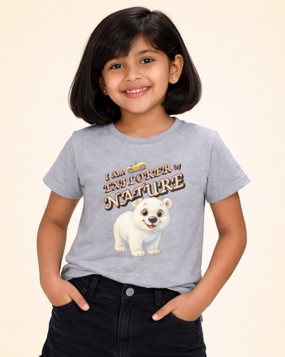 Kukoos Adorable Polar Bear Printed T-Shirt for Girls Grey Melange Front