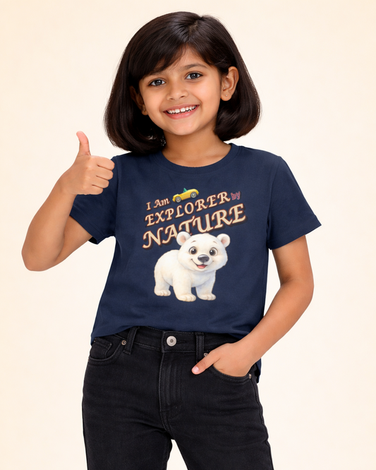 Kukoos Adorable Polar Bear Printed T-Shirt for Girls Navy Blue Front