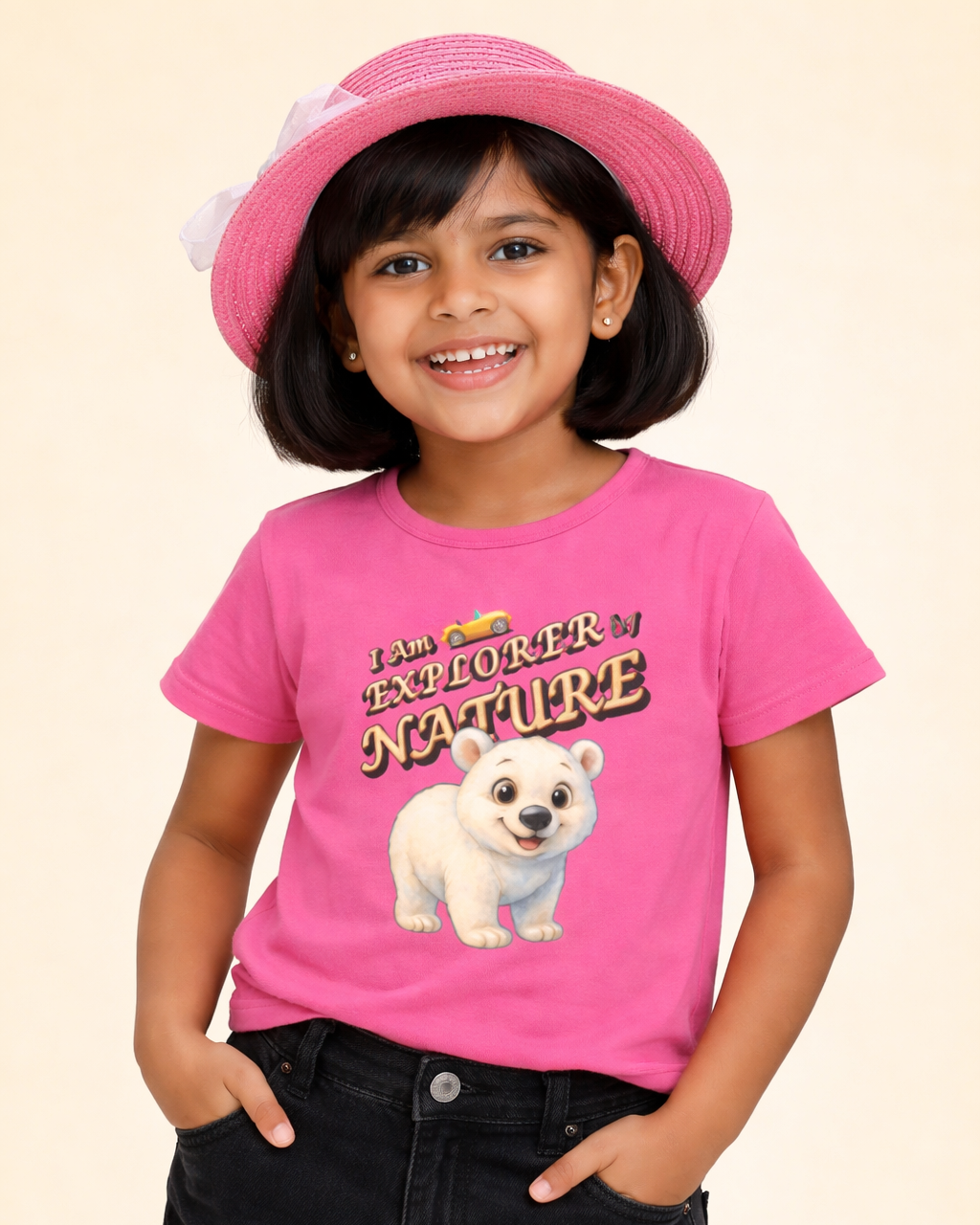 Kukoos Adorable Polar Bear Printed T-Shirt for Girls Pink Front