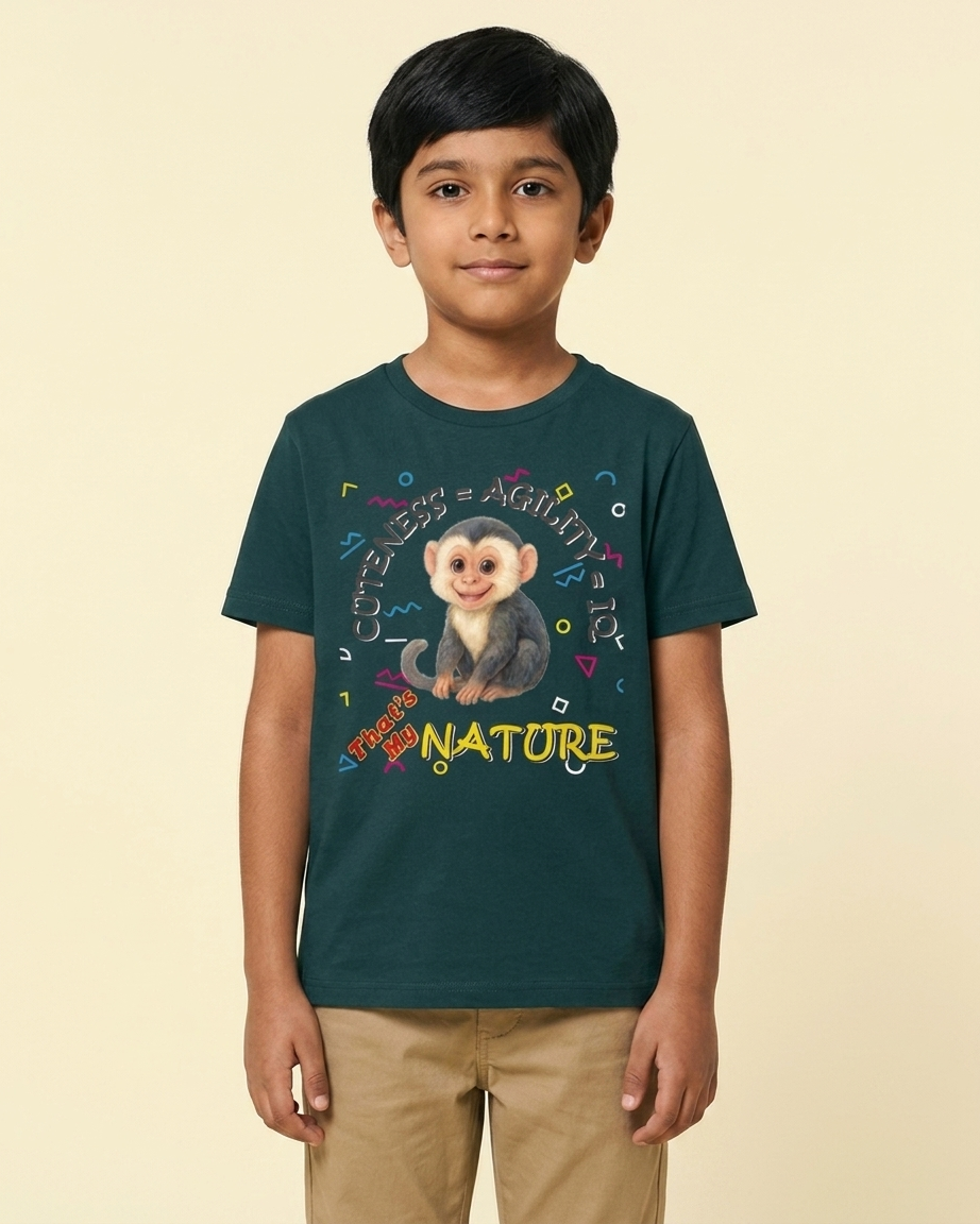 Kukoos Cute Capuchin Monkey Printed T-Shirt for Boys Petrol Blue Front