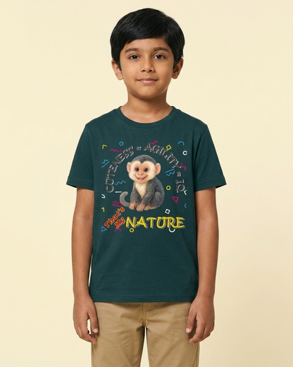 Kukoos Cute Capuchin Monkey Printed T-Shirt for Boys Petrol Blue Front