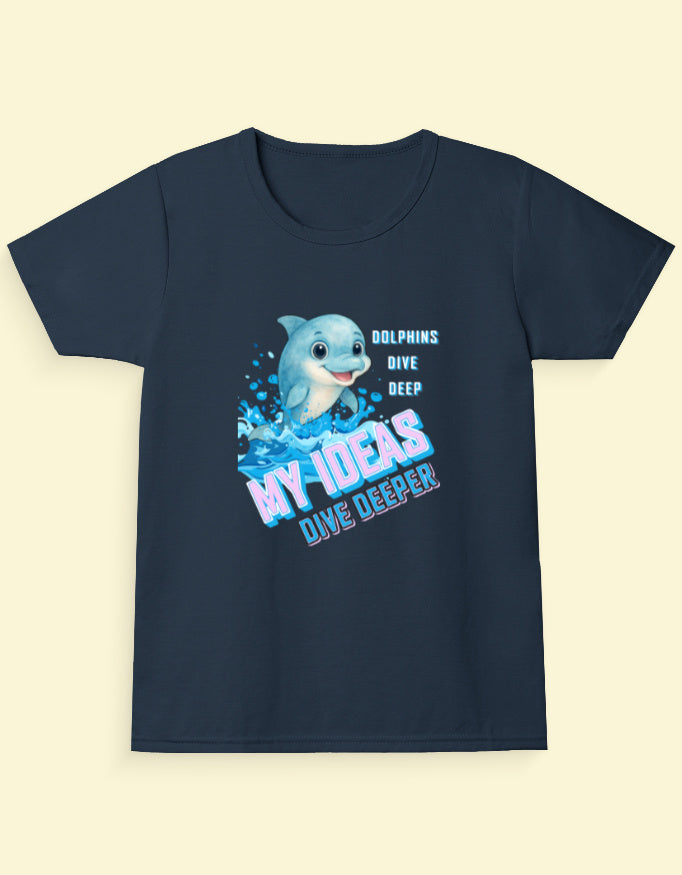 Kukoos Cute Dolphin Printed T-Shirt for Girls Navy Blue Front