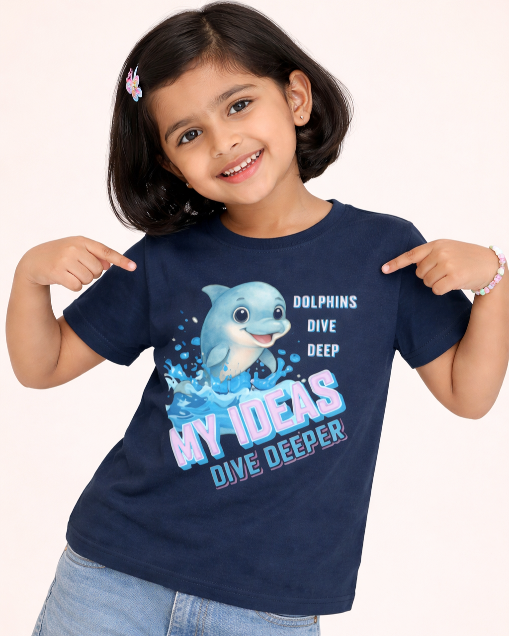Kukoos Cute Dolphin Printed T-Shirt for Girls Navy Blue Front