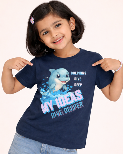 Kukoos Cute Dolphin Printed T-Shirt for Girls Navy Blue Front