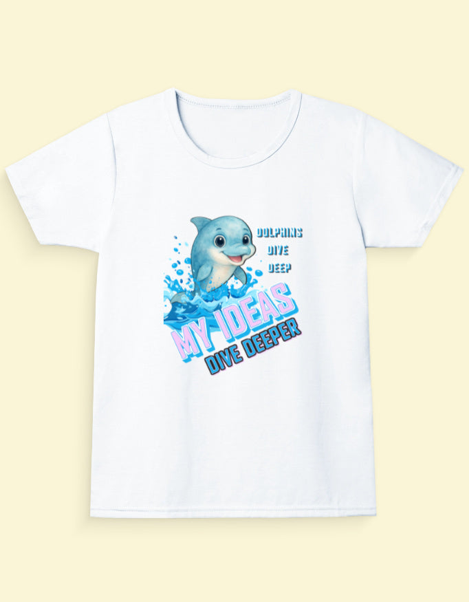 Kukoos Cute Dolphin Printed T-Shirt for Girls White Front