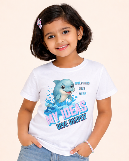 Kukoos Cute Dolphin Printed T-Shirt for Girls White Front