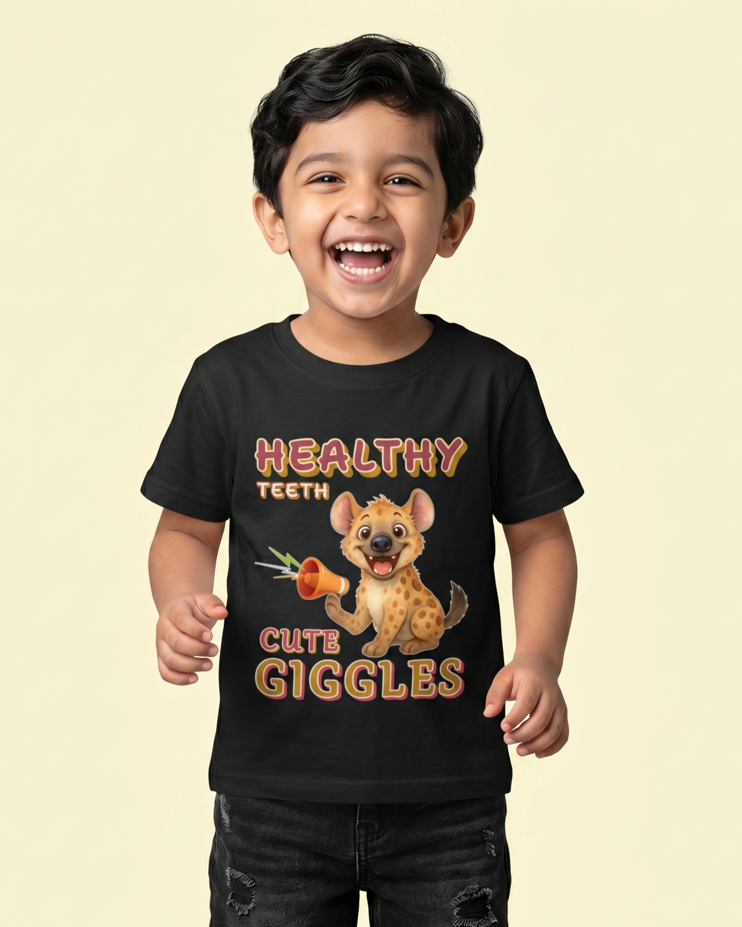Kukoos Cute Hyena Printed T-Shirt for Boys Black Front