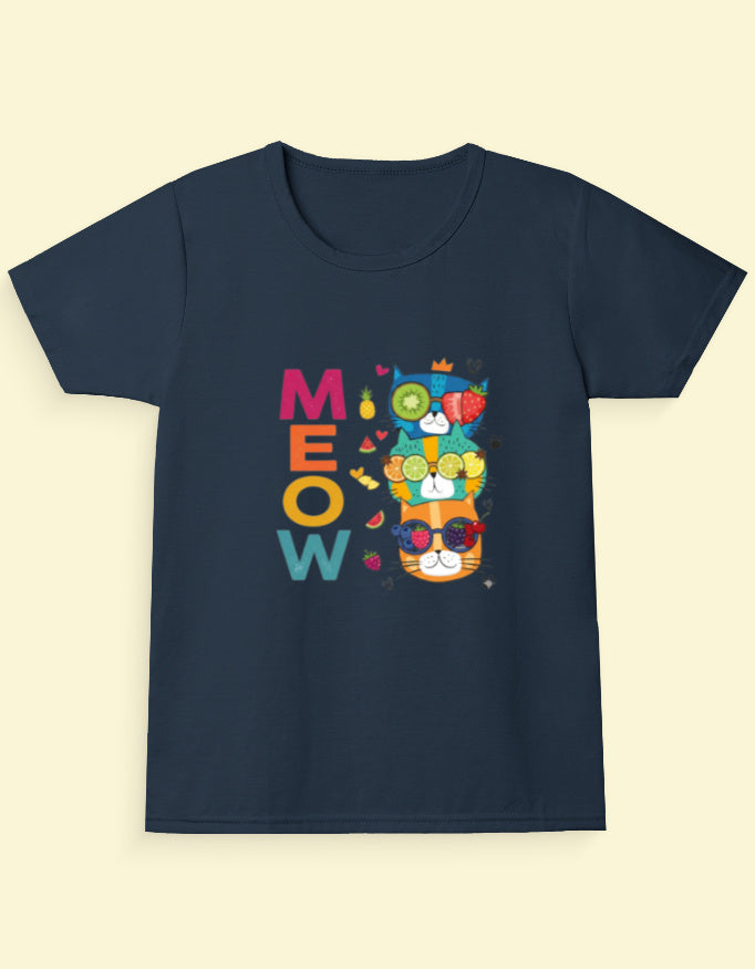 Kukoos Cute Kittens Printed T-Shirt for Girls Navy Blue Front