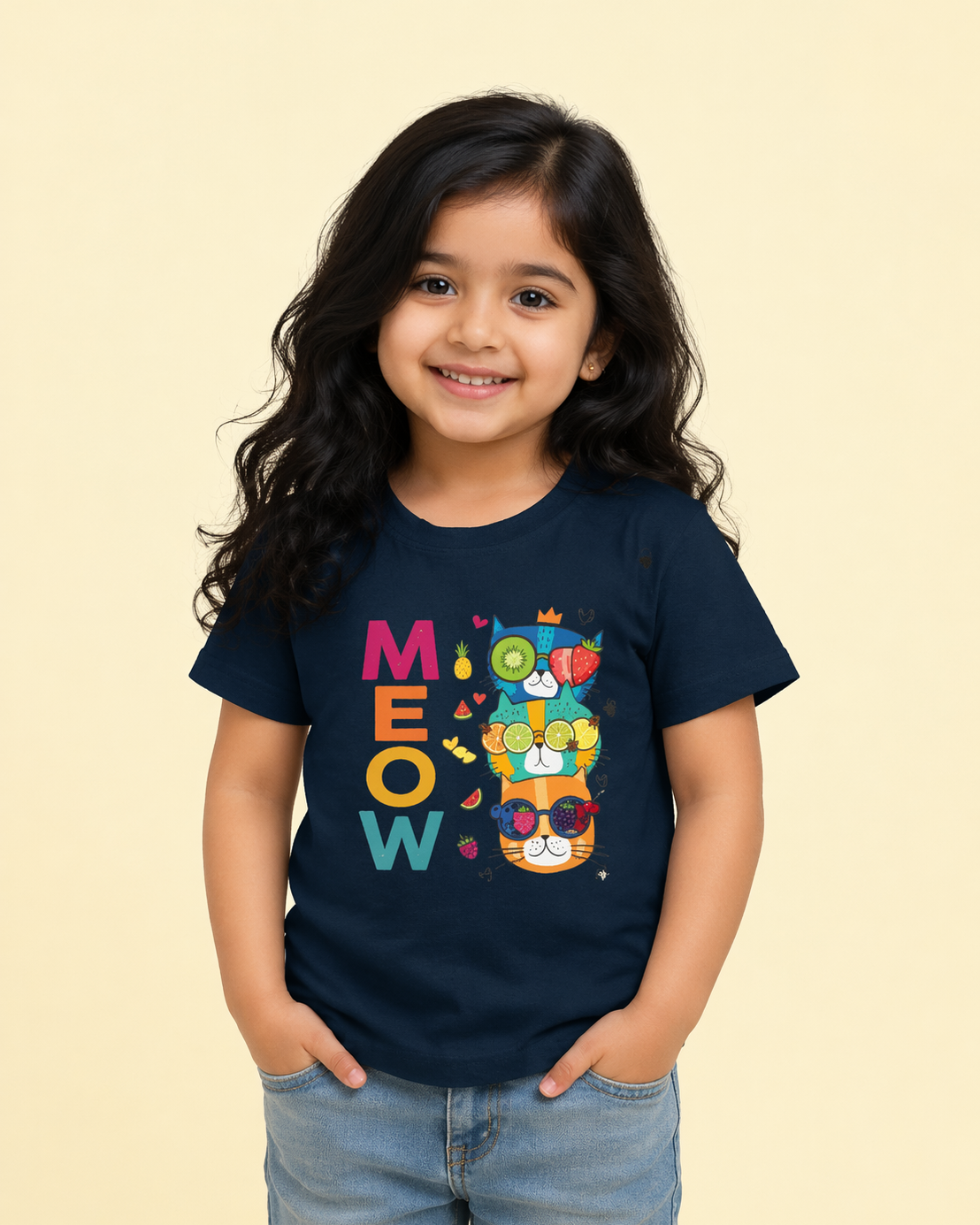 Kukoos Cute Kittens Printed T-Shirt for Girls Navy Blue Front
