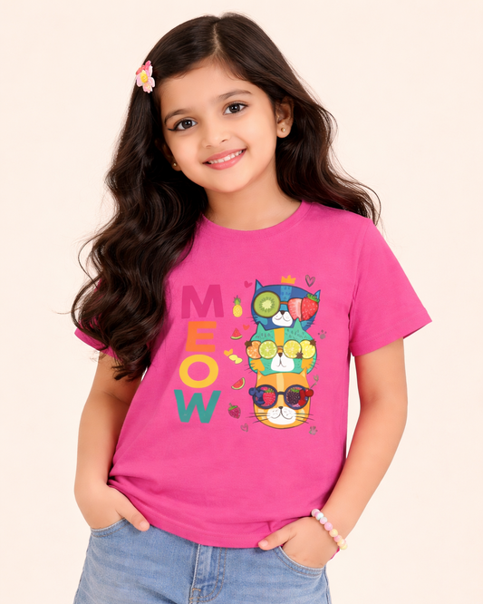 Kukoos Cute Kittens Printed T-Shirt for Girls Pink Front