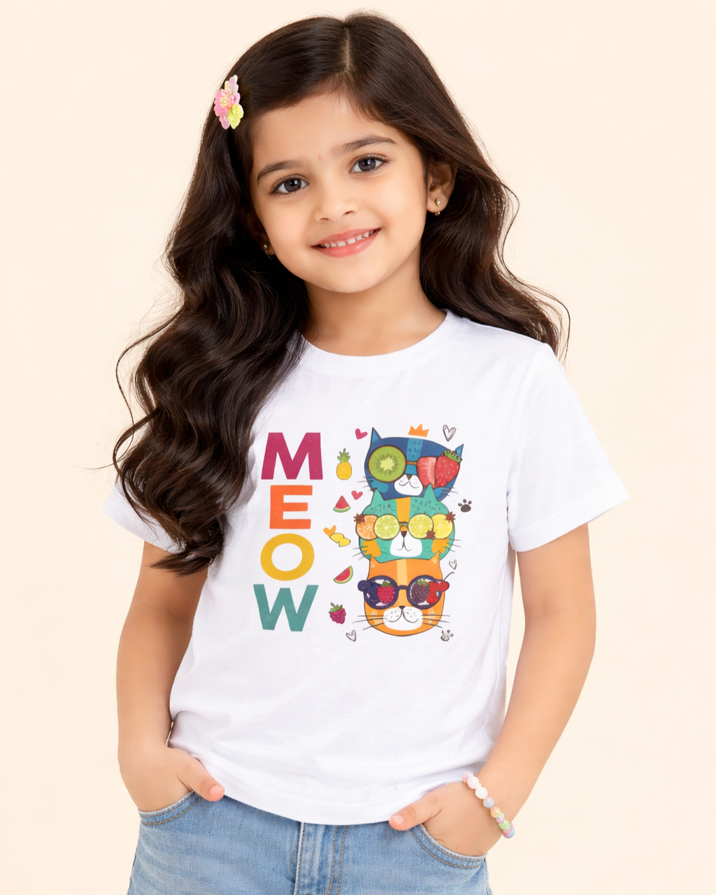 Kukoos Cute Kittens Printed T-Shirt for Girls White Front 