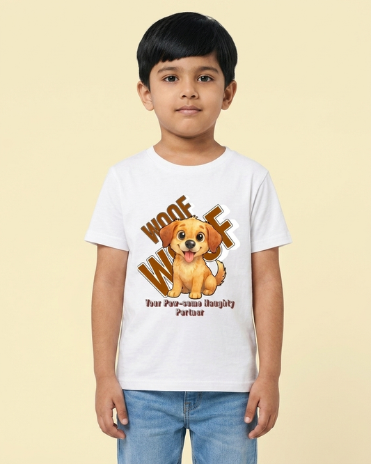 Kukoos Cute Puppy Printed T-Shirt for Boys White Front 